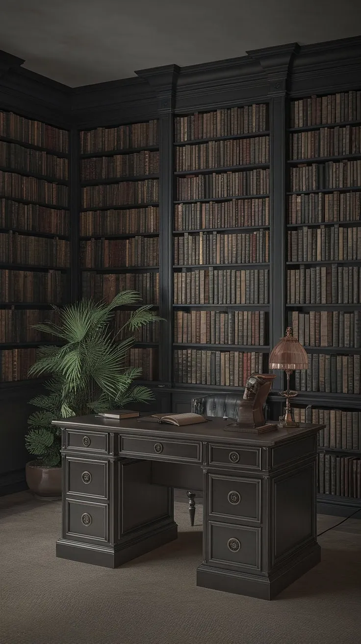 A moody library room featuring a regency core aesthetic showcases an old style office with vintage home decor, classic English library books, and traditional decor in a dimly lit, art deco setting.