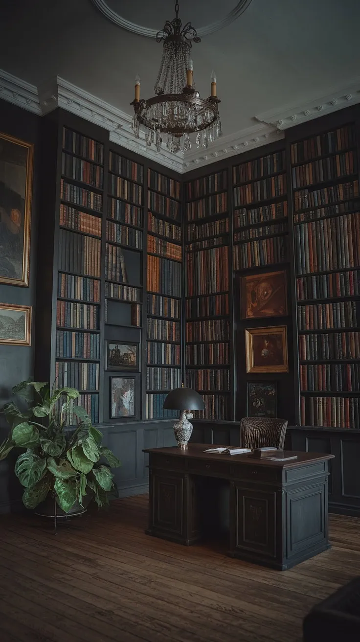 This moody library room, featuring a regency core aesthetic and vintage home decor, combines elements of an old English library with art deco touches, creating a classic home library that exudes traditional English decor.