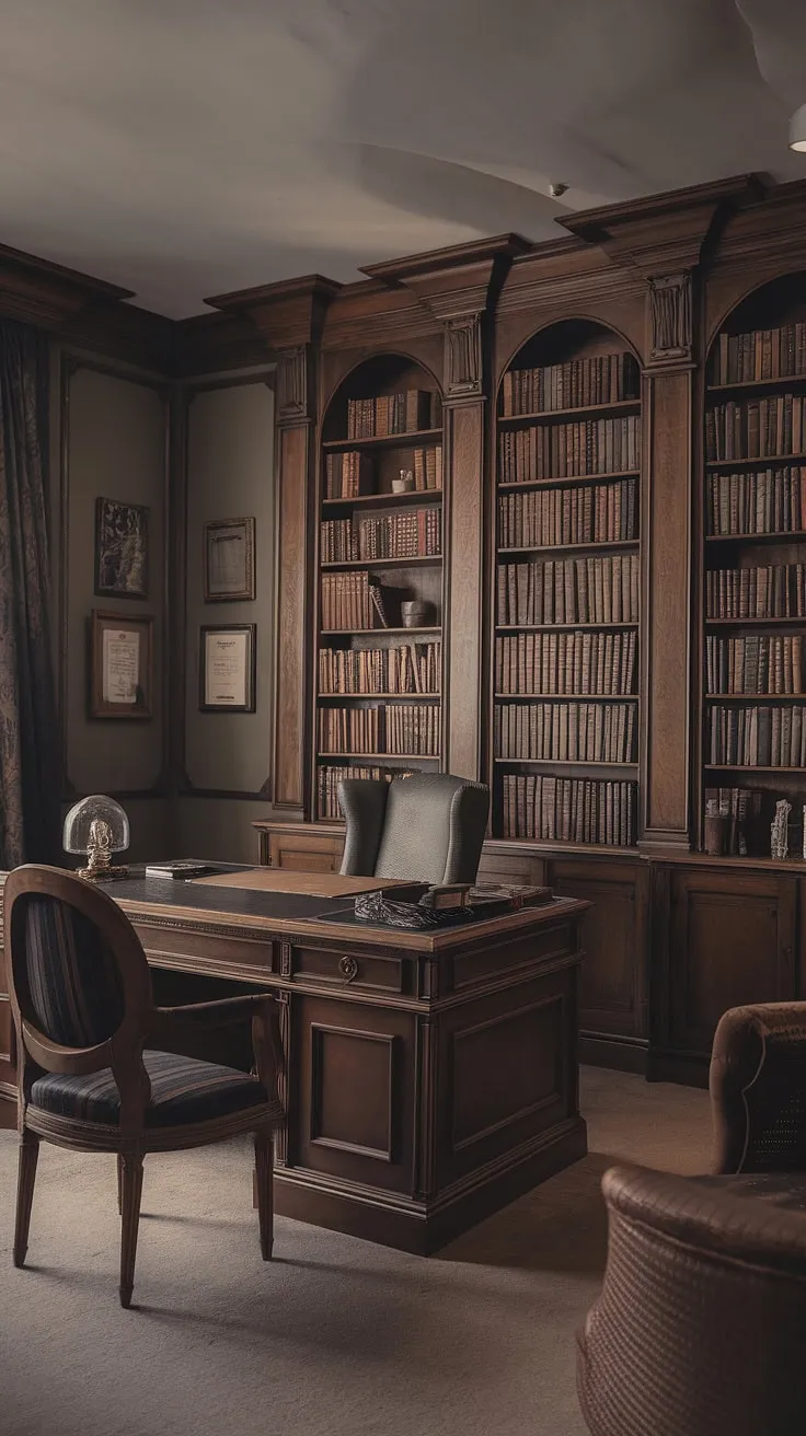 This vintage home decor showcases a moody library room with a regency core aesthetic, blending old English interior charm with art deco flair for a timeless classic home library experience.