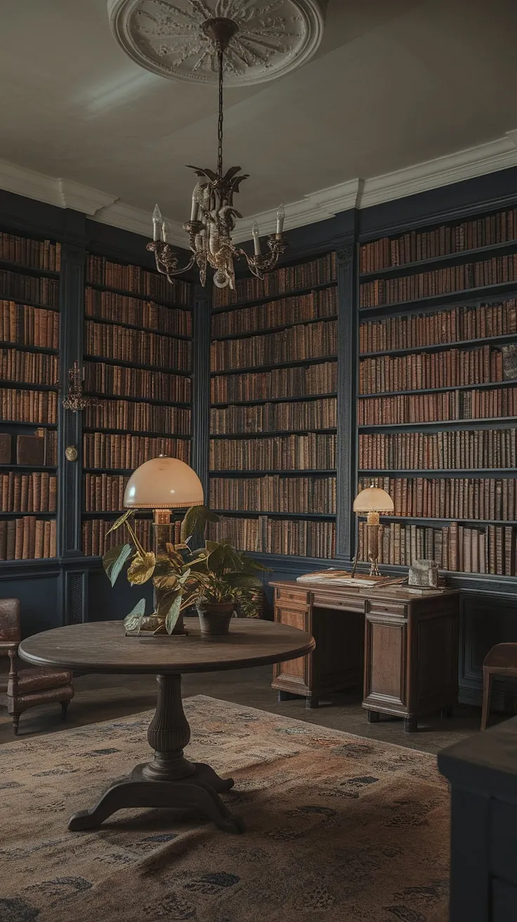 This moody library room, adorned with Regency core aesthetic and traditional English decor, features vintage home decor elements like leather-bound books and a classic wooden desk, creating an inviting old English interior.