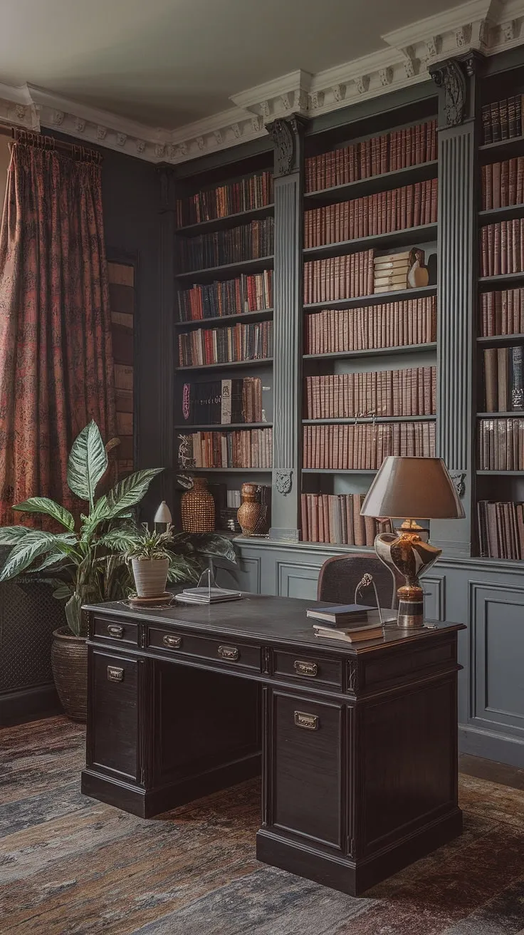 This moody library room blends regency core aesthetic with old-style office charm, featuring art deco elements, vintage home decor, and classic English interior design.
