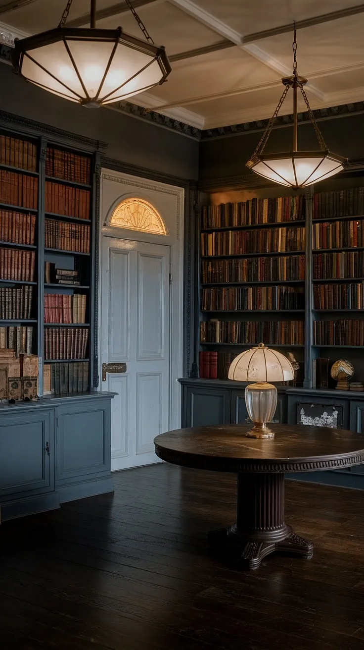 A moody library room exuding regency core aesthetic and old-style office decor, featuring art deco elements and vintage home decor, creates a classic English interior perfect for a timeless reading experience.