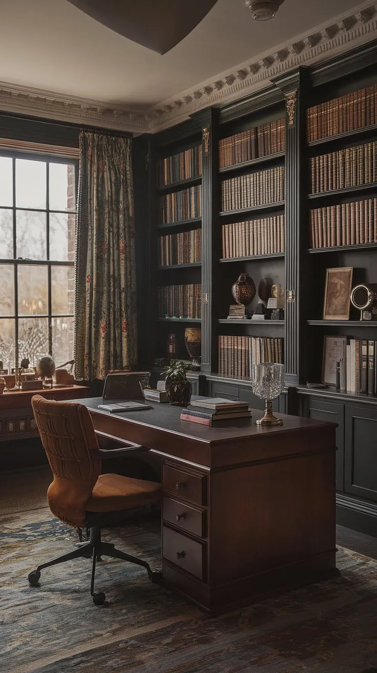 A moody library room featuring a regency core aesthetic blends old style office decor with art deco elements, creating a classic home library adorned in traditional English decor and vintage home accents.