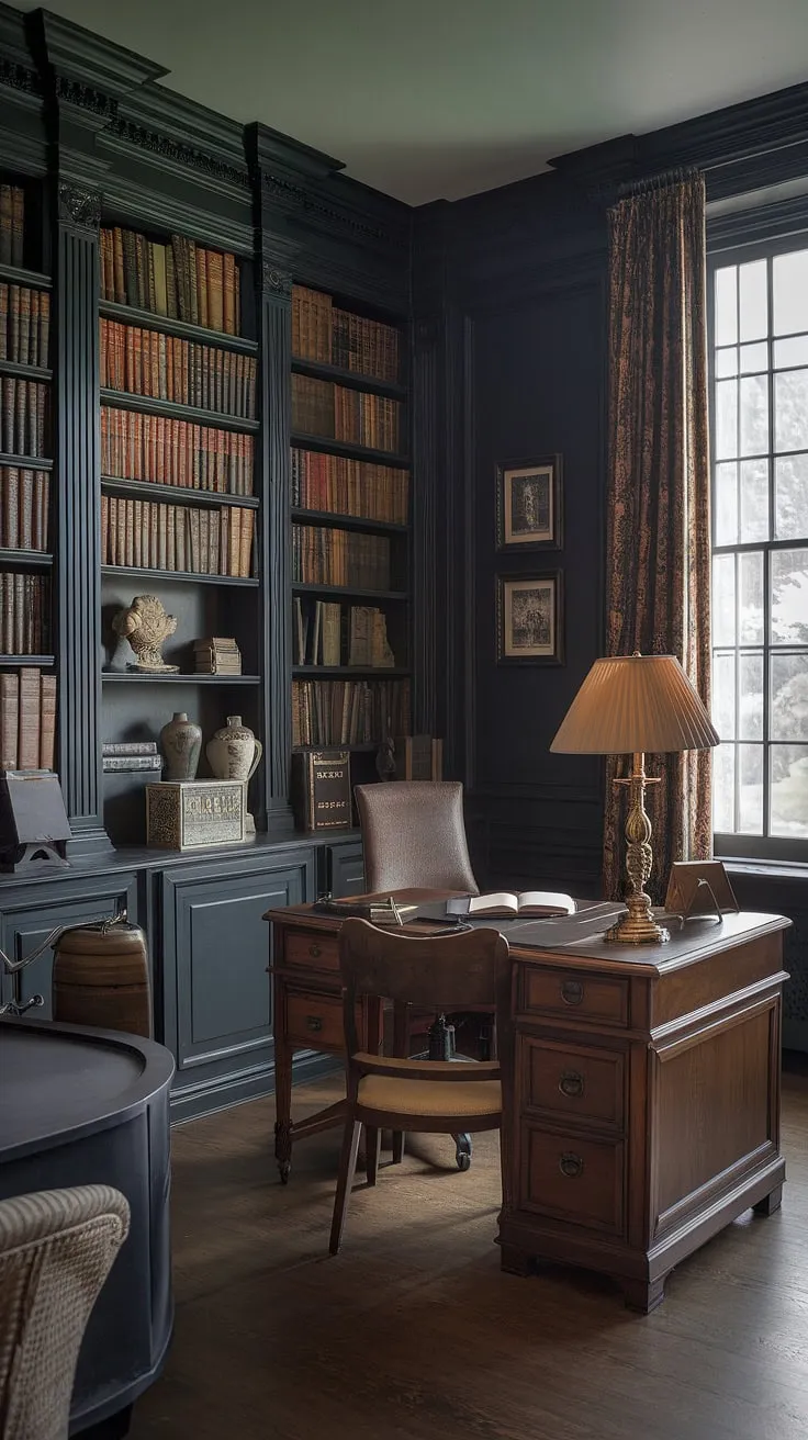 A moody library room featuring a regency core aesthetic showcases vintage home decor with old style office furniture, classic home library elements, and traditional English decor.