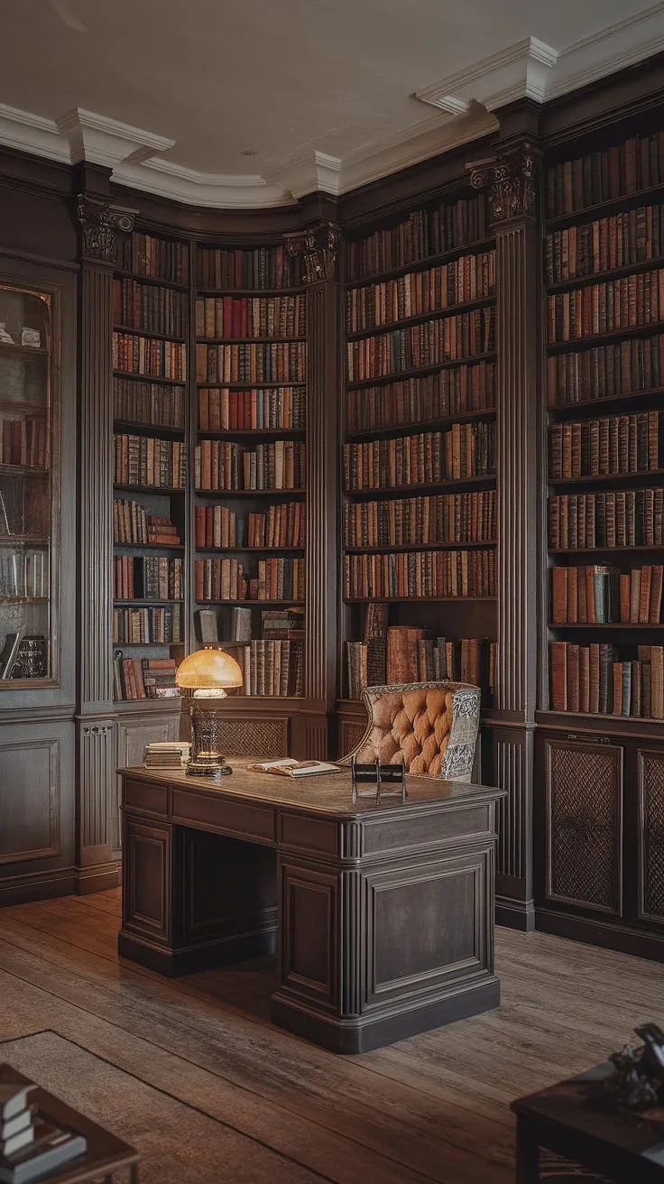 The room showcases a captivating mix of a moody library atmosphere, Regency core aesthetic, and vintage office design, highlighted by traditional English decor and art deco accents.