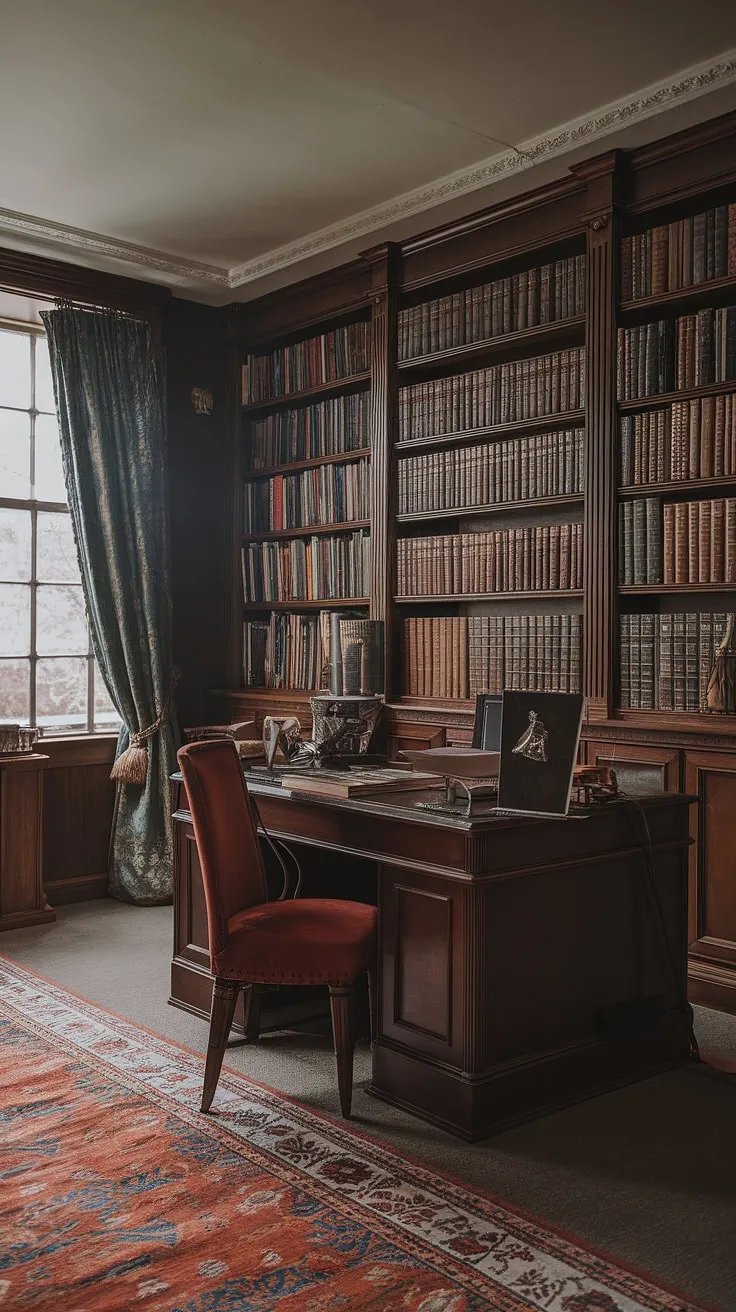 This captivating space blends a moody library room with a regency core aesthetic, highlighting vintage home decor, an old style office, and classic elements of an old English library.