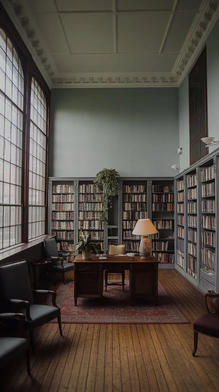 The high-ceilinged old style office, adorned with vintage office design and a light blue palette, creates an inviting atmosphere reminiscent of an elegant old English interior.