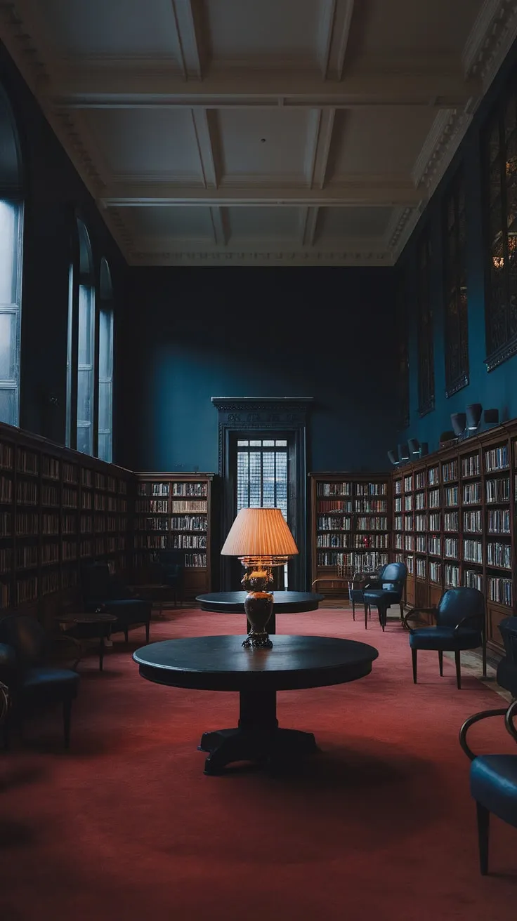 The dimly lit moody library room, showcasing a regency core aesthetic and vintage office design, combines classic home library elements with old English decor and art deco touches for a timeless appeal.