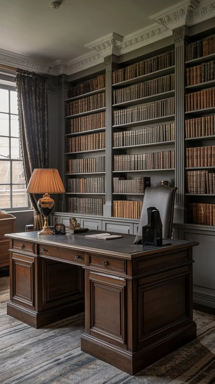 This old-style office, with its moody library room and vintage decor, beautifully blends regency core and art deco styles to evoke the charm of a traditional English library.