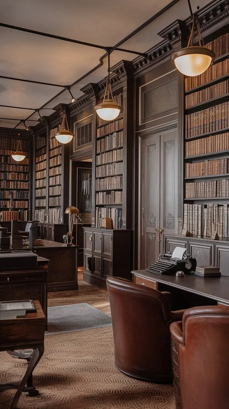 A moody library room exuding a regency core aesthetic features vintage home decor, old-style office elements, and art deco touches, creating a classic English interior with towering bookshelves and rich dark wood accents.