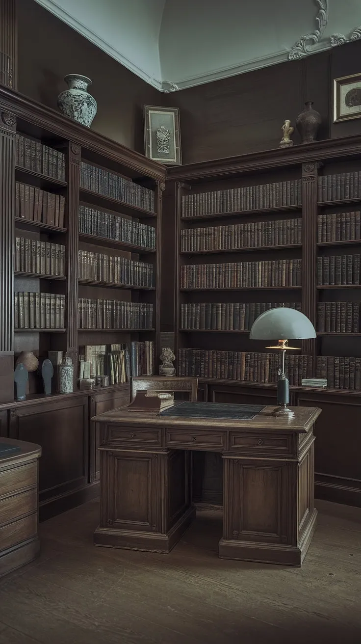 This moody library room blends Regency core aesthetic with an old-style office charm, showcasing art deco details and vintage decor that evoke the essence of a classic English library.