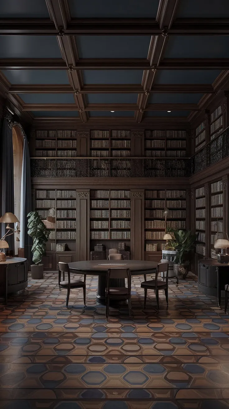 This moody library room, adorned with regency core aesthetic and vintage home decor, features an old style office vibe with wood paneling, a classic round table, and shelves of books, embodying the charm of an old English library.