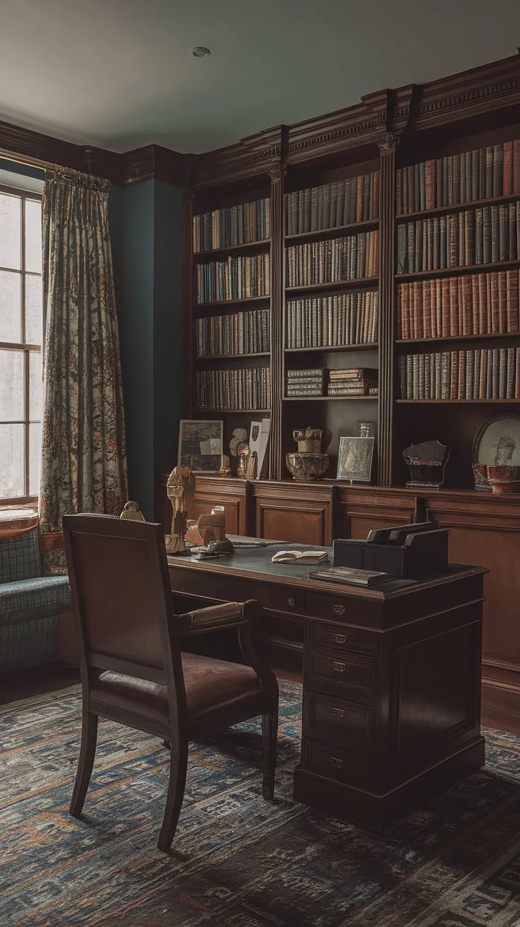 A moody library room blends regency core aesthetic with vintage home decor, featuring an old-style office, art deco elements, and traditional English decor for a classic home library experience.