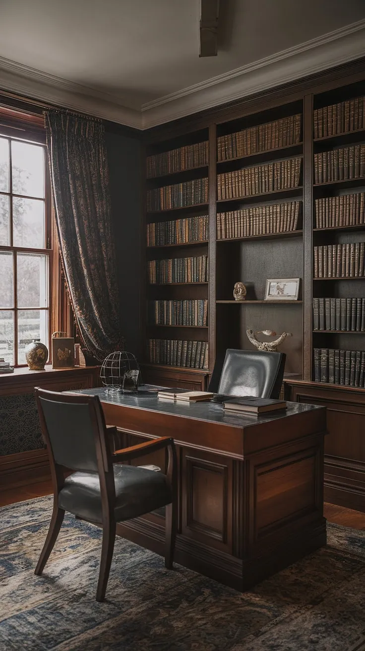 This moody library room, infused with a regency core aesthetic, showcases an old style office and art deco touches, creating a vintage home decor atmosphere reminiscent of an old English library.