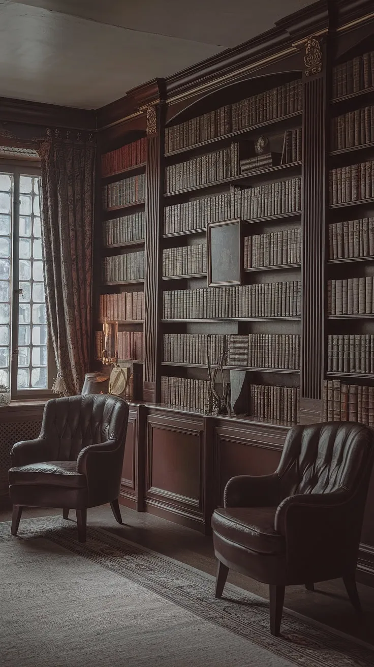 This moody library room showcases a Regency core aesthetic, combining an old-style office vibe with Art Deco flair, vintage home decor, and traditional English design for a timeless classic home library.