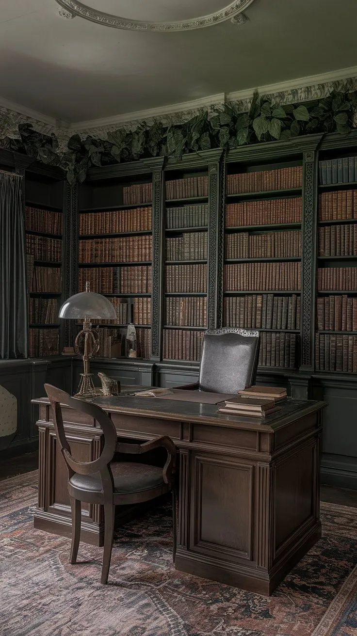 This moody library room, featuring a regency core aesthetic and traditional English decor, showcases an old-style office with leather-bound books, vintage home decor, and art deco elements for a classic vintage office design.