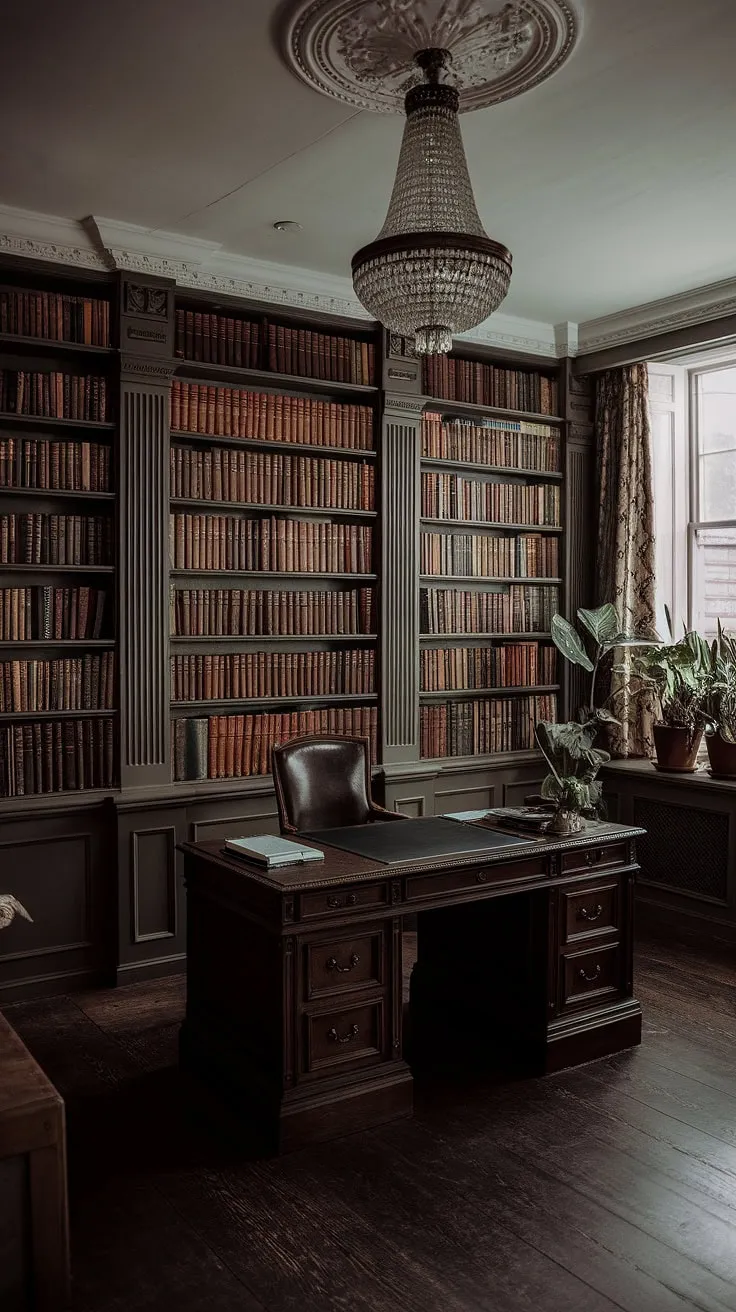 This vintage office design captures the essence of a classic home library with its moody atmosphere, regency core aesthetic, and art deco elements, all set within an old English library ambiance.
