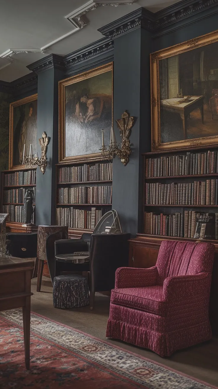 A moody library room featuring a regency core aesthetic blends art deco architecture with old-style office elements and vintage home decor, creating a classic English interior.