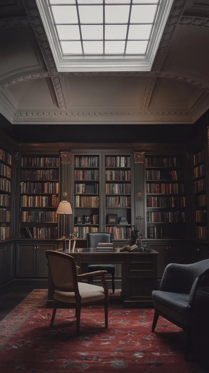 This elegant library blends a regency core aesthetic with vintage home decor and traditional English elements, offering a moody retreat in a classic old English interior.