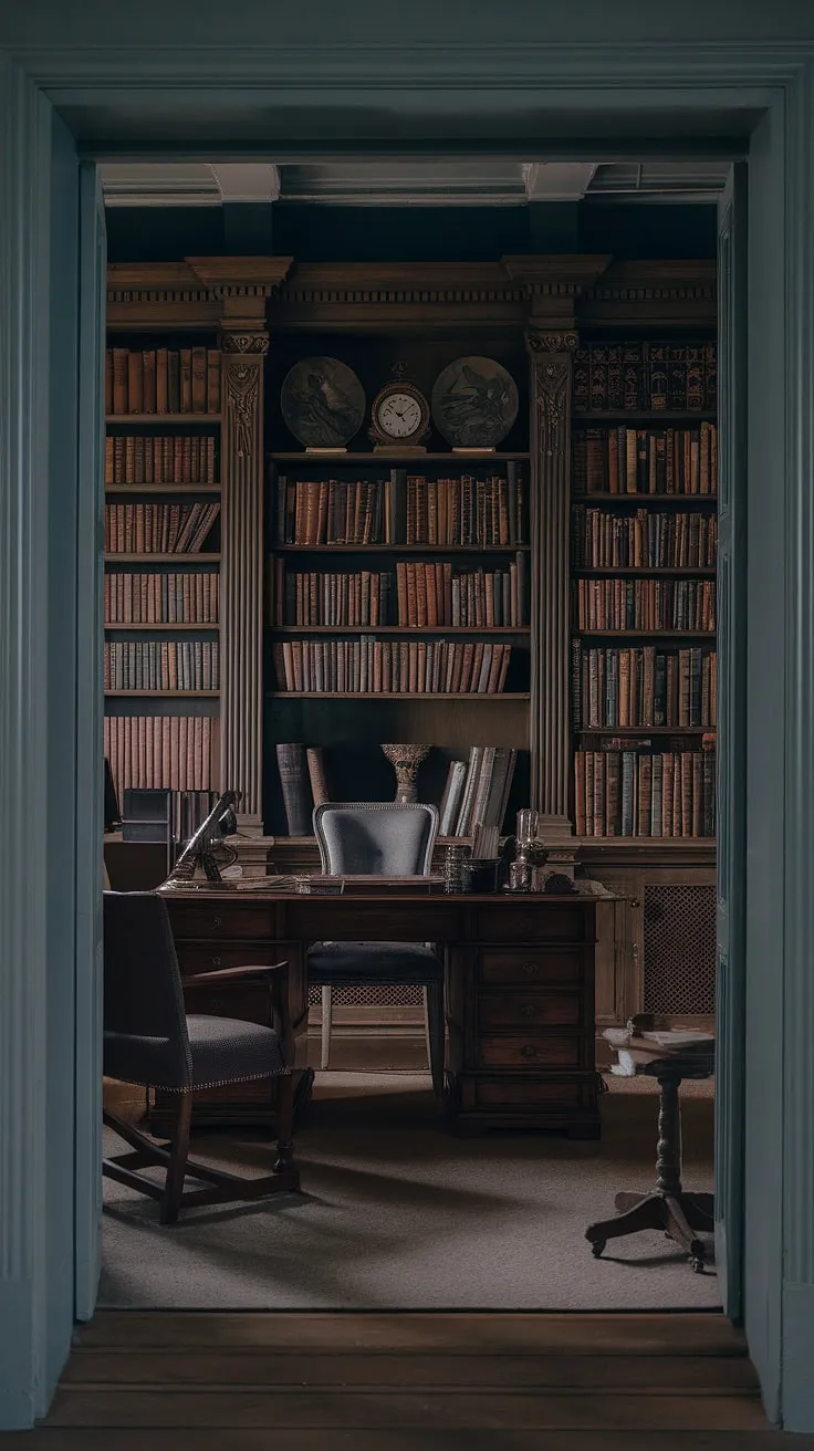 A moody library room exuding a regency core aesthetic features old-style office furnishings and vintage home decor, creating a classic English interior reminiscent of an art deco library.