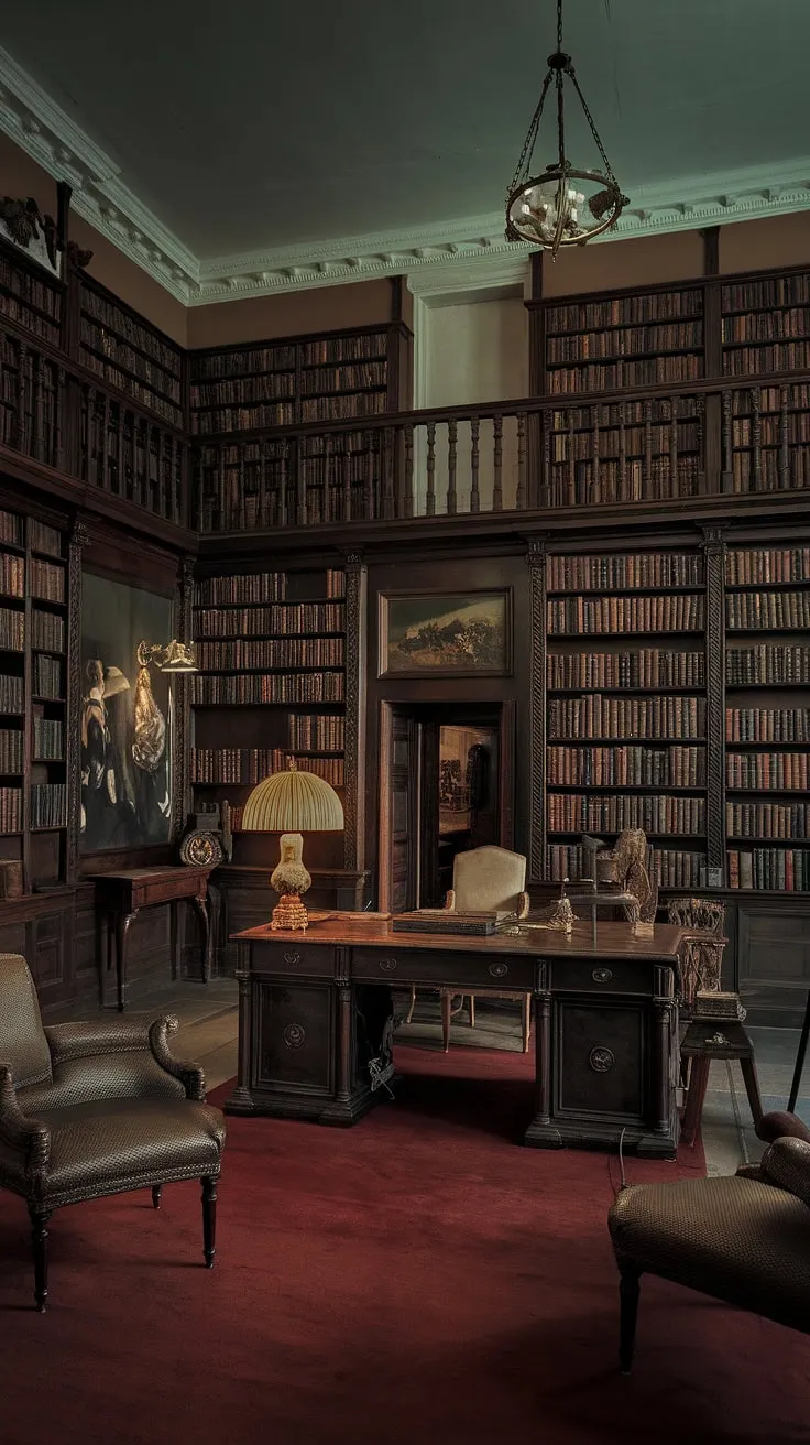 This moody library room, featuring a Regency core aesthetic and classic home library elements, showcases dark wood bookshelves, vintage home decor, and an old English interior that exudes timeless elegance.
