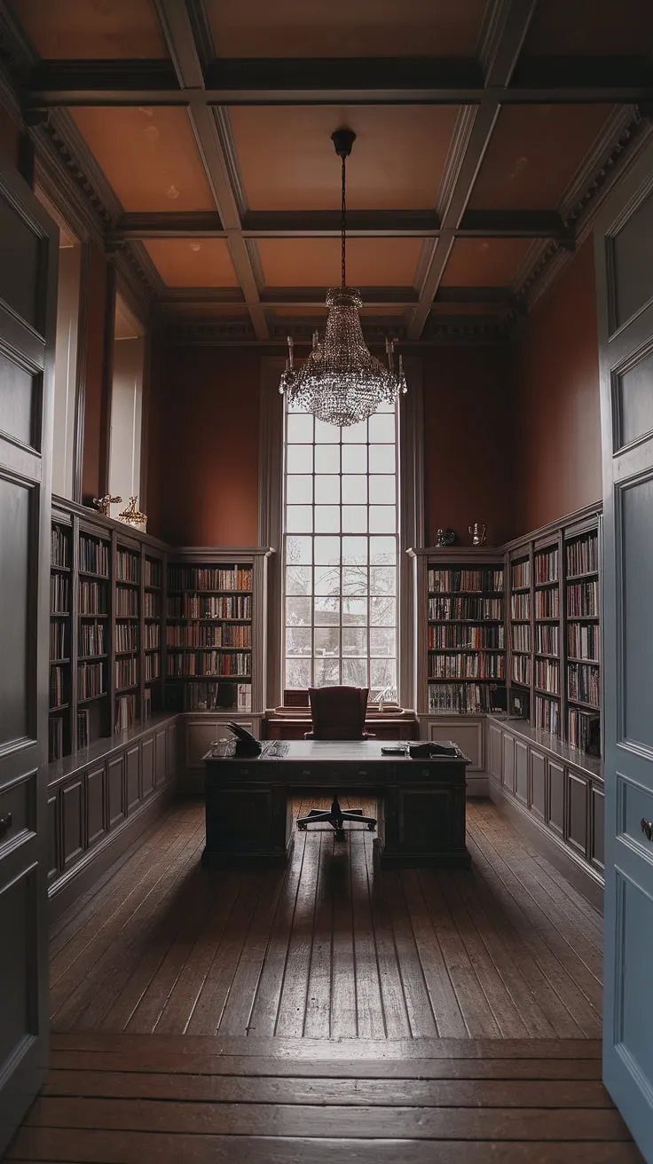This moody library room, featuring a Regency core aesthetic and vintage office design, captures the essence of an old English library with its classic home library elements and traditional English decor.