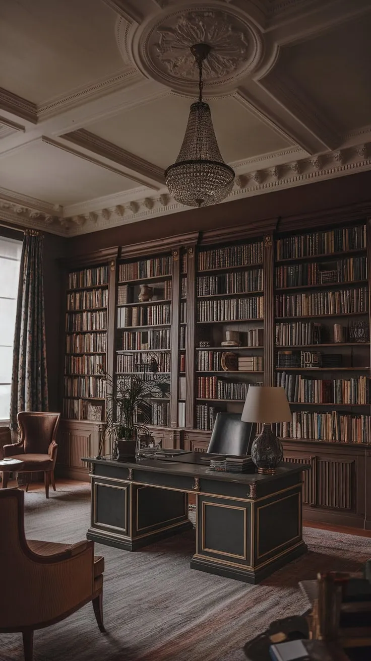 This moody library room, featuring a regency core aesthetic and vintage home decor, showcases an old English interior with ornate plasterwork, a classic home library feel, and art deco elements.
