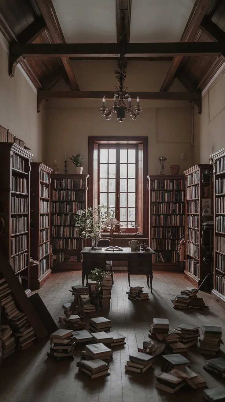 This moody library room, adorned with vintage home decor and a regency core aesthetic, features an old style office with art deco elements, classic English decor, and a charming old English interior.
