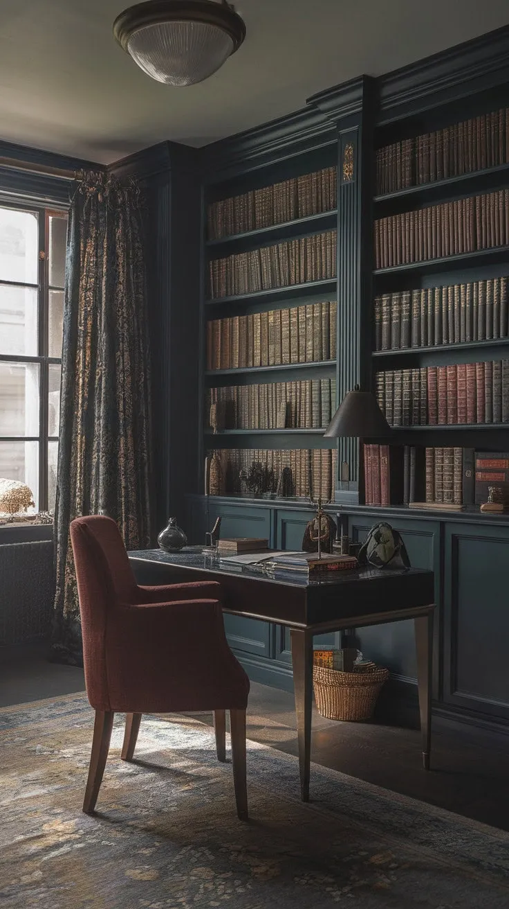 This enchanting English library, where art deco meets traditional elegance, invites you to linger in its rich textures and deep hues, embodying a captivating blend of old-world charm and refined sophistication.