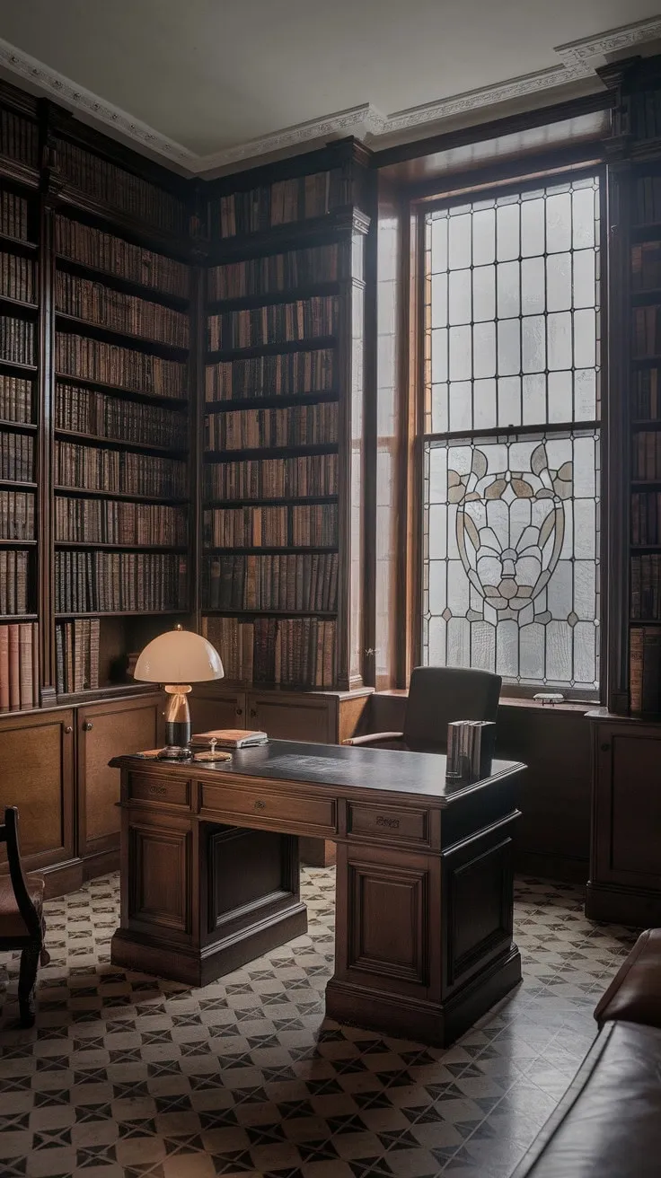 Nestled in regency-core elegance, this enchanting library, with its patterned floor and grand window, invites quiet contemplation amidst the whispers of history and countless untold stories.