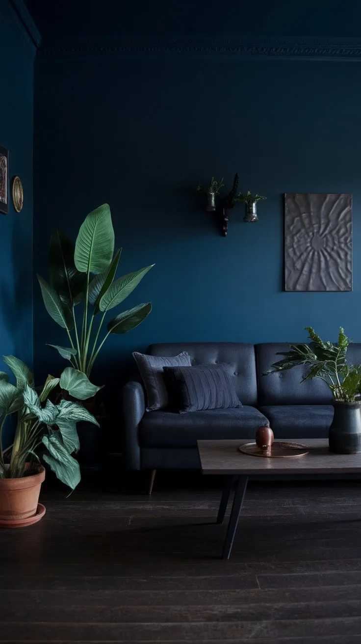 In the serene embrace of twilight, this navy blue living room blends sophisticated comfort with vibrant greenery, creating a tranquil sanctuary of understated elegance.