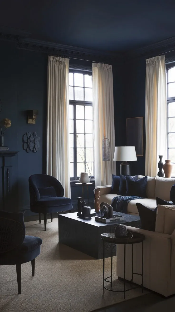 Deep navy walls and rich textures set a dramatic yet inviting tone in this sophisticated living room, where the beige sofa and dark blue chair create a striking contrast that enhances its allure.
