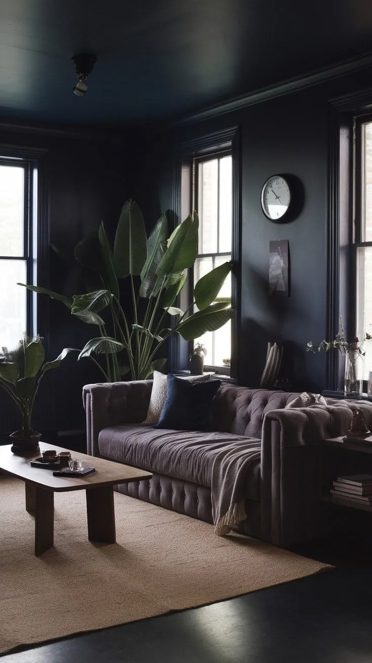 This moody navy living room, illuminated by natural light, harmoniously combines plush comfort, warm wood, and lush greenery for a captivating sanctuary of style and relaxation.