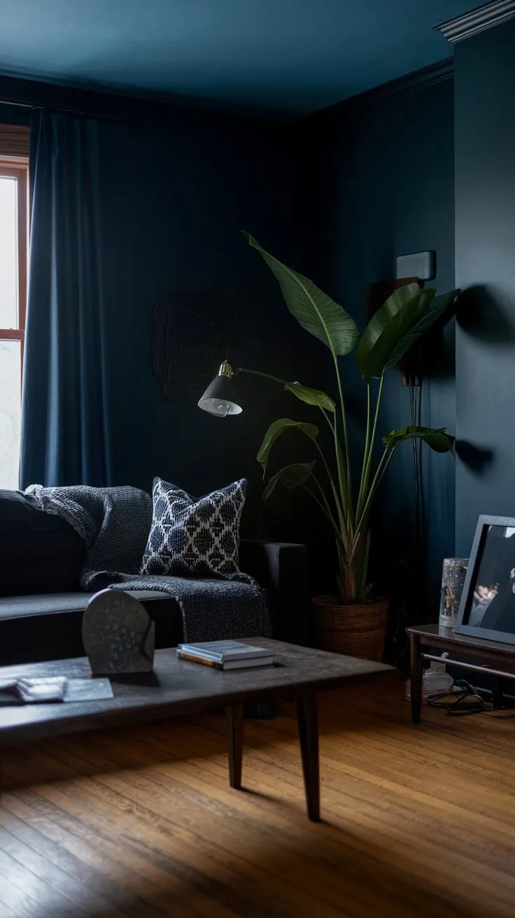 This enchanting deep blue living room blends sophisticated comfort with personal touches, creating a cozy sanctuary that invites relaxation and reflects its inhabitant's unique character.