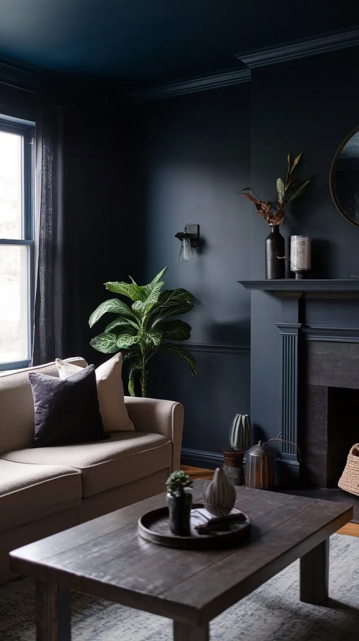 Bathed in deep navy hues, this moody living room exudes refined mystery, with a warm beige couch and a touch of nature that invites quiet contemplation.