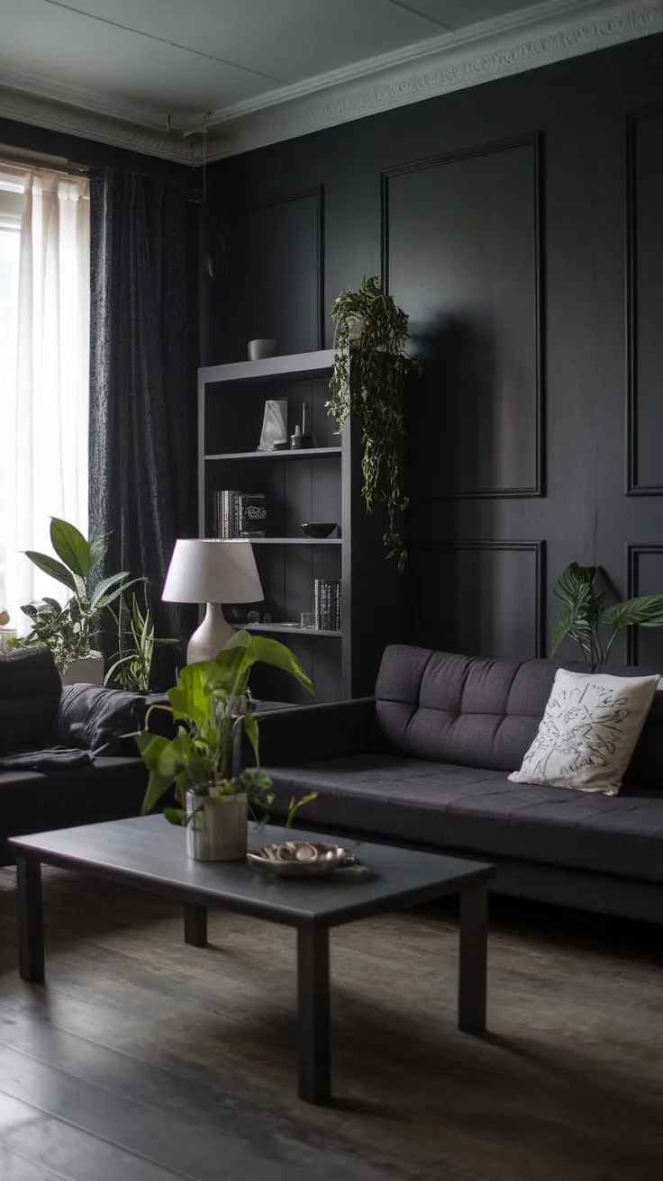 This living room masterfully balances dark hues with white and wood accents, transforming a potentially oppressive space into a sophisticated haven of inviting comfort.