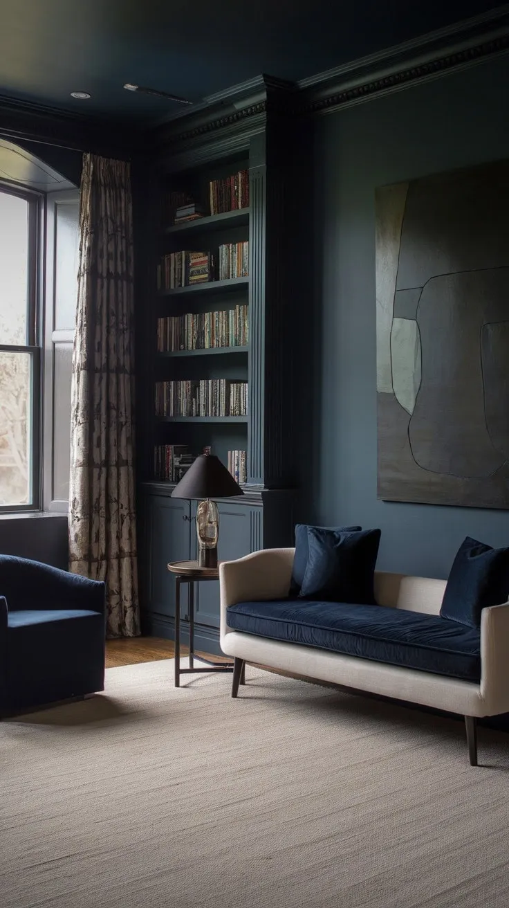 This moody living room, with its rich hues and textures, offers a serene sanctuary of quiet sophistication and comfort.