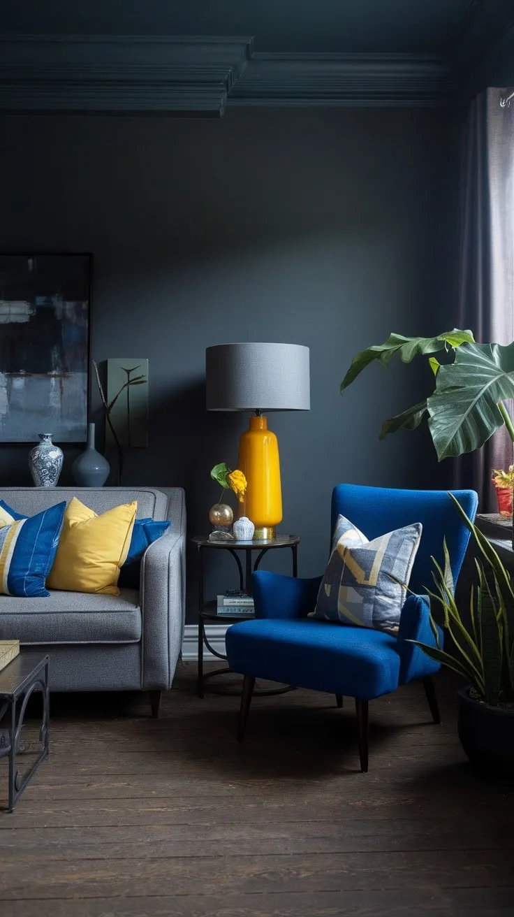 In a serene sanctuary of deep gray walls, a harmonious blend of blues, yellows, and grays, enhanced by strategic lighting and curated accessories, showcases the art of sophisticated comfort.
