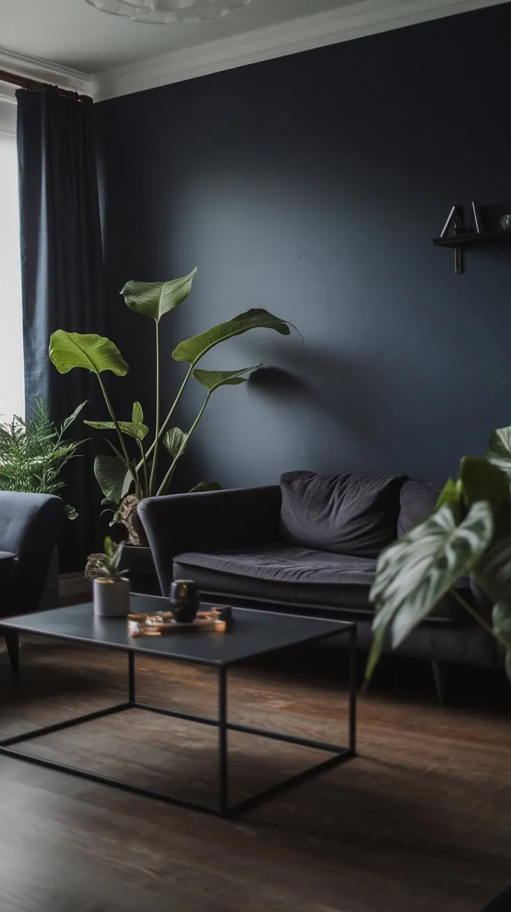 In this moody sanctuary, deep navy walls and a plush grey sofa harmonize with soft ambient light and vibrant greenery, crafting an inviting retreat for tranquil reflection.