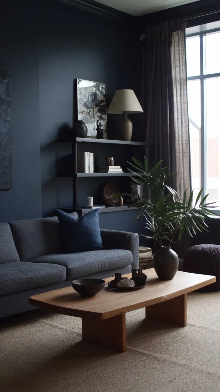 Bathed in deep blue hues, this living room is a serene sanctuary where rich textures invite relaxation and tranquility.