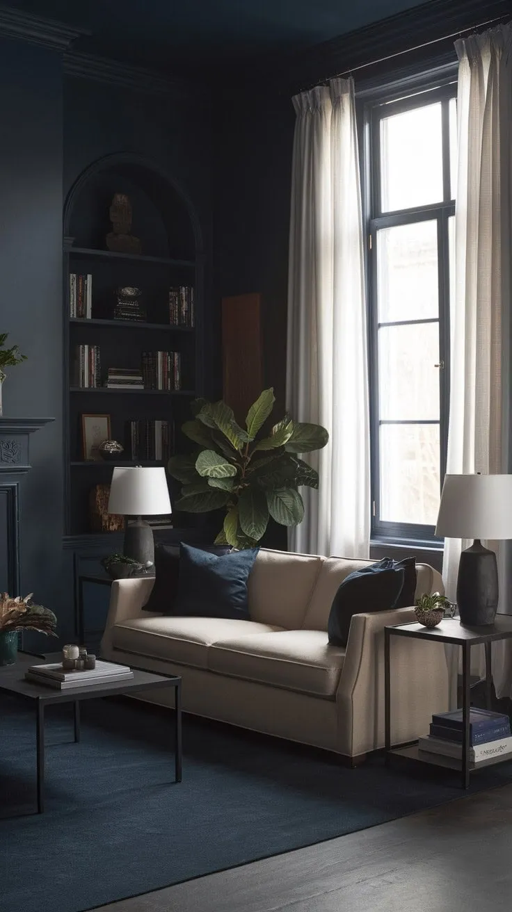 In this living room, deep navy walls and warm lighting envelop a beige sofa adorned with dark blue cushions, creating a sophisticated oasis of calm enriched by lush greenery.