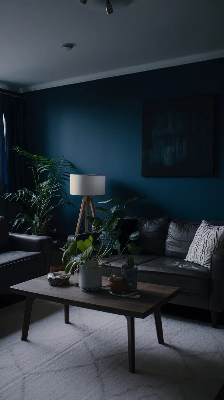 This moody living room features dark blue walls and a grey sofa, creating a captivating dark home aesthetic enhanced by stylish decor and thoughtful paint color ideas.
