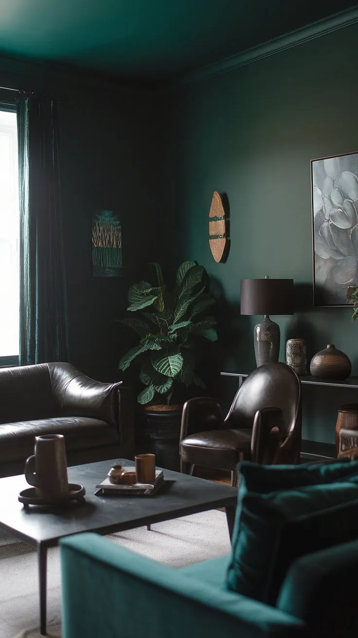 This moody living room, adorned with dark home decor and deep forest green walls, showcases paint color ideas that enhance the cozy aesthetic of a moody home.