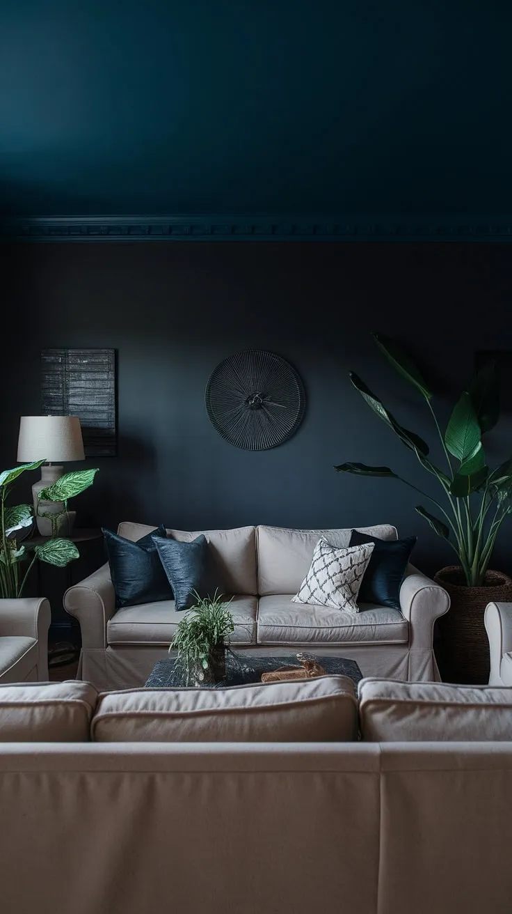 This moody living room features dark grey walls and a deep blue ceiling, creating a cozy aesthetic perfect for dark home decor enthusiasts.