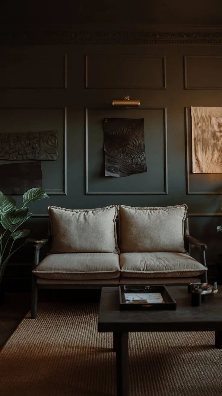 This moody living room showcases a dark home decor aesthetic with dark grey walls, a beige sofa, and warm lighting, making it a perfect example of paint color ideas for a moody home.