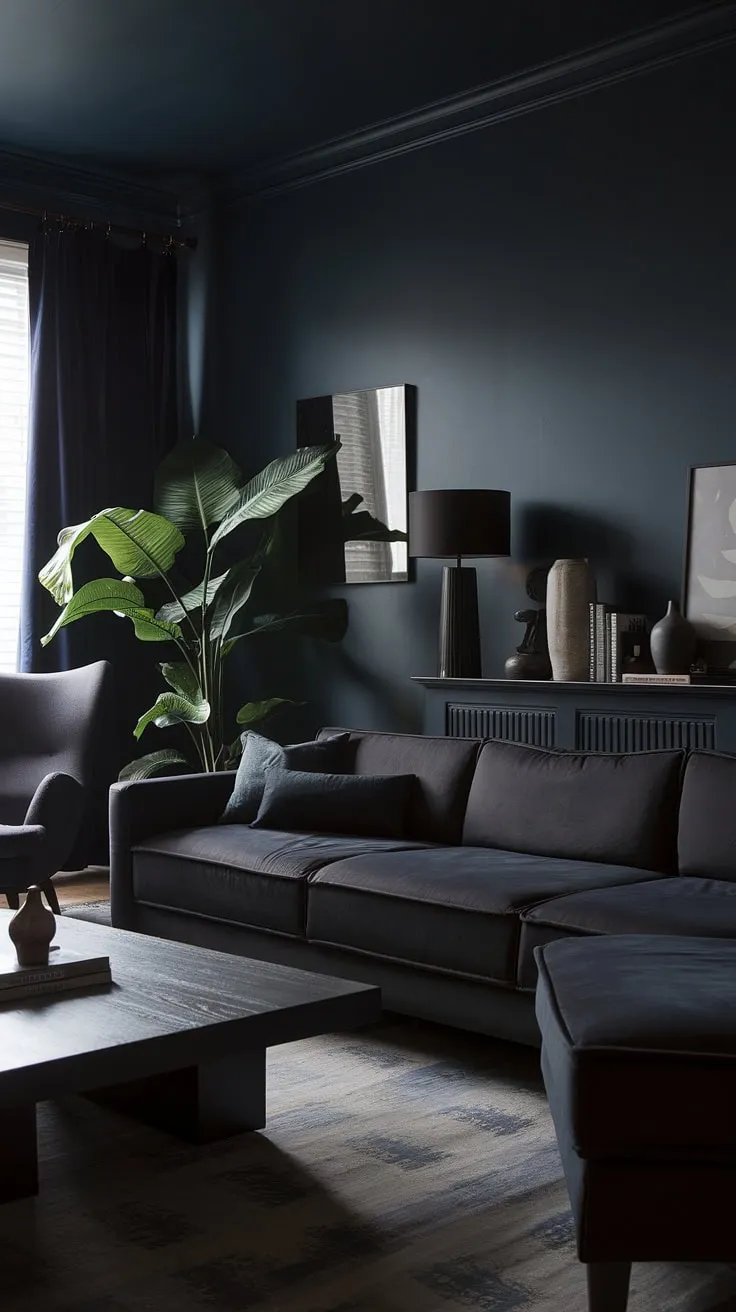 The moody home features a striking blend of dark home decor, including a deep navy backdrop and rich grey accents, perfect for those seeking paint color ideas that evoke a sophisticated atmosphere.