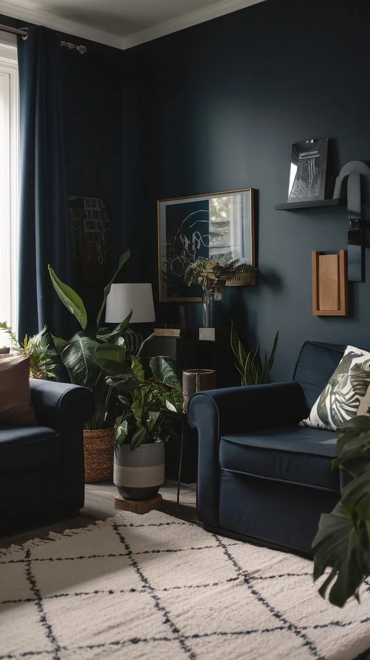 This moody living room showcases a dark home aesthetic with deep navy walls, coordinating furniture, and cozy decor that invites warmth and style.