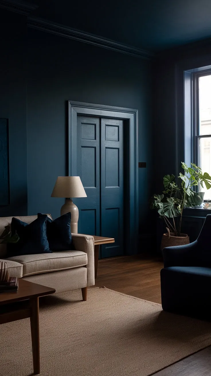 Create a captivating moody home with dark home decor, featuring deep blue accents and soft lighting that enhance the overall paint color ideas for a stylish retreat.
