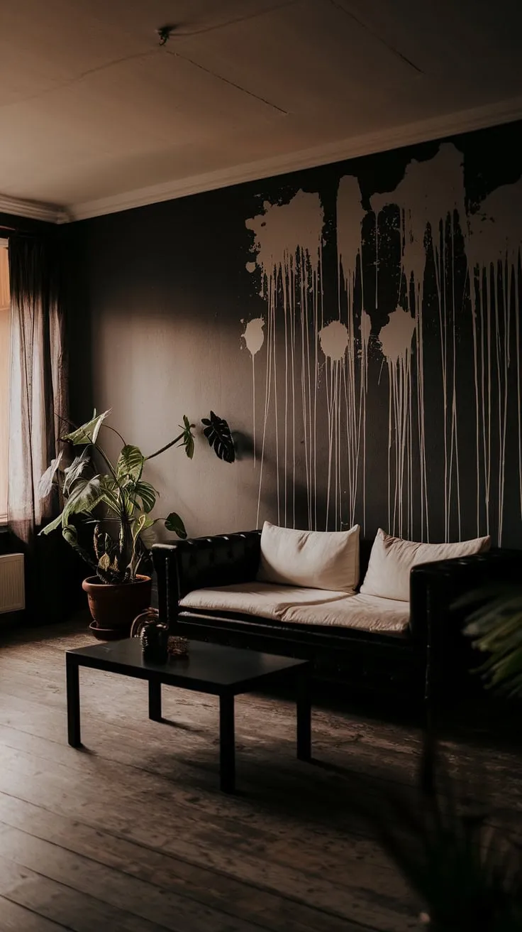 This moody living room showcases a captivating dark home aesthetic with its dark grey walls, black sofa, and warm lighting, making it a perfect inspiration for paint color ideas and colors for home.