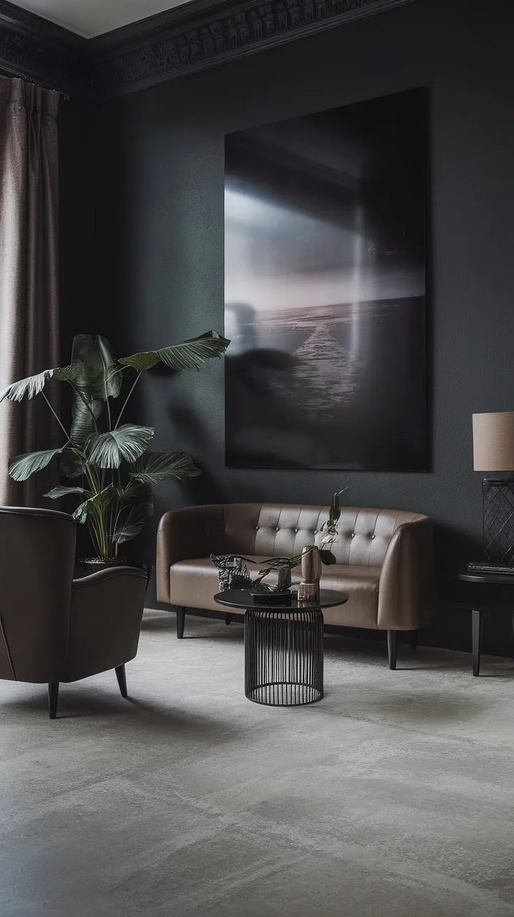 This moody living room showcases a captivating dark home aesthetic with its dark grey walls, beige sofa, and soft lighting, making it a perfect inspiration for paint color ideas and colors for home.